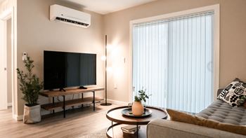 A living room with a television, a couch, and a coffee table.