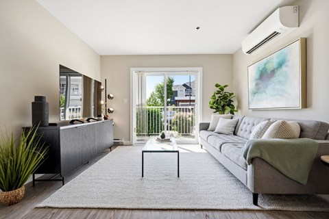 A modern living room with a grey sofa, a grey rug, a black coffee table, a black entertainment unit, a potted plant, and a painting on the wall.