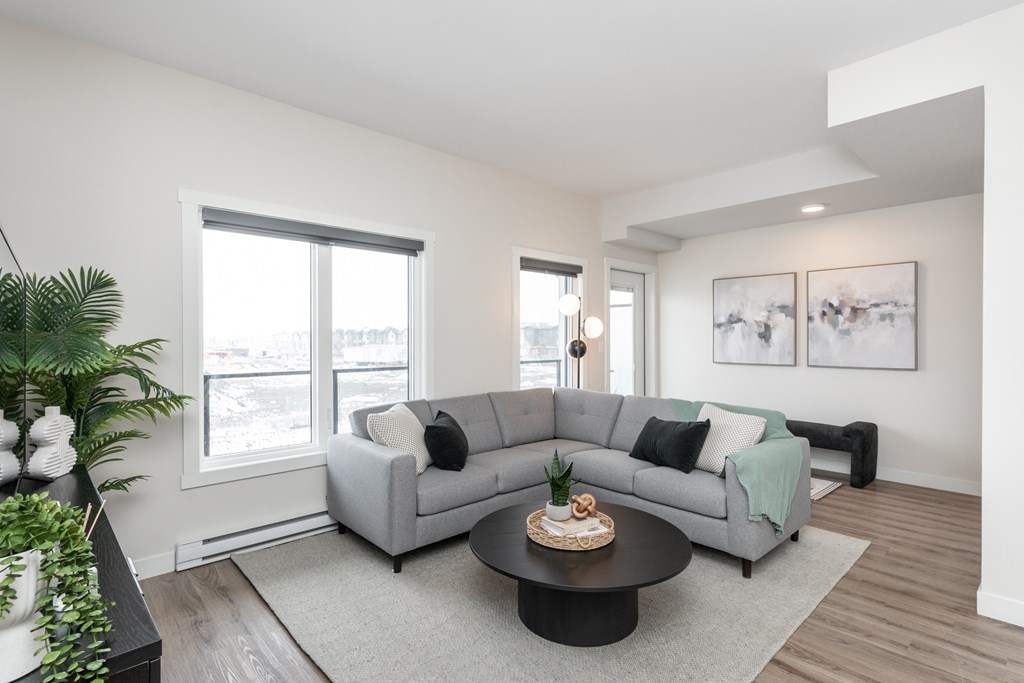 A modern living room with a grey sofa and a coffee table.