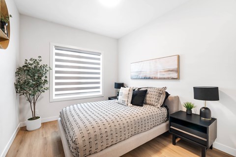 A bedroom with a bed, nightstand, and a plant.