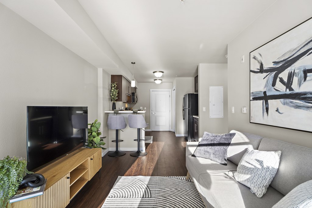 A modern living room with a grey couch and a television.