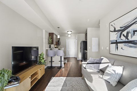 A modern living room with a grey couch and a television.