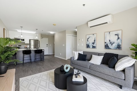 A living room with a grey couch and a coffee table.