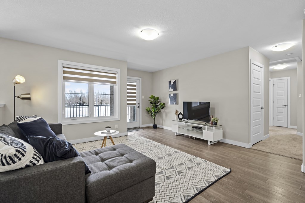A living room with a grey couch and a television.