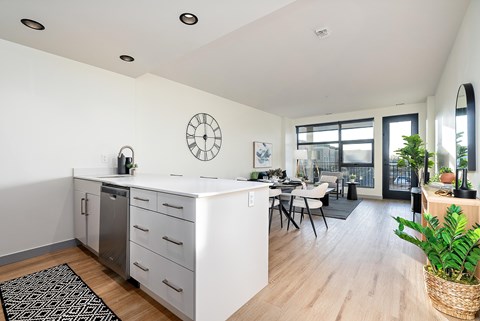 A kitchen with white cabinets and a black and white rug on the floor.