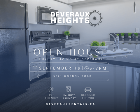 A modern kitchen is showcased in a promotional image for Deveraux Heights, featuring a black refrigerator and a sleek countertop.