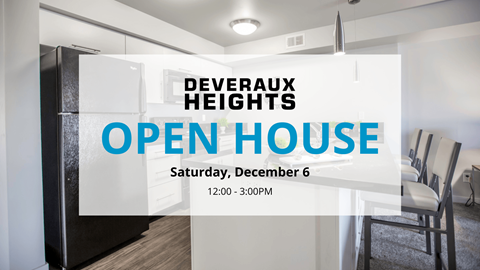 A sign for an open house at Deveraux Heights on December 6th from 12:00 to 3:00 PM.