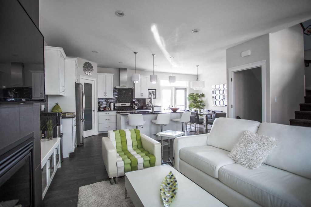 Interior - wide shot of living room and kitchen area.