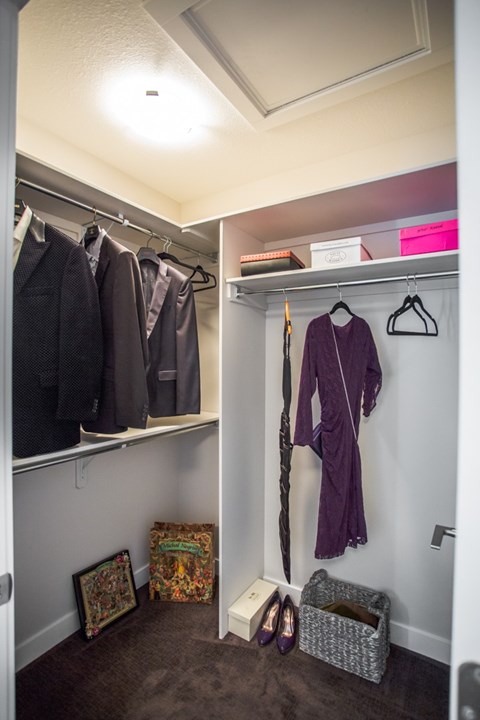 A closet with a purple robe hanging on a hanger.