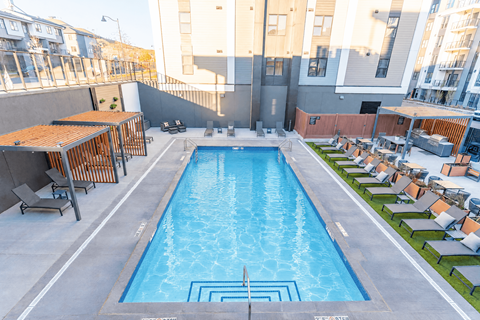 A swimming pool surrounded by sun loungers and a concrete wall.