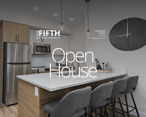 A modern kitchen with a stainless steel refrigerator and a white countertop is advertised as an open house on Saturday, June 6 from 2-4 PM at 171 Alhambra Dr W.