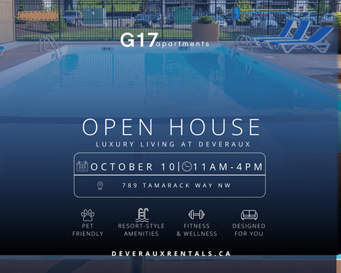 An open house event for G17 apartments is scheduled for October 10th from 11 AM to 4 PM.