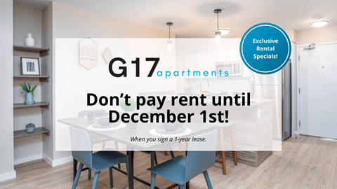 A promotional image for G17 apartments offering a rent-free period for new lease signers.