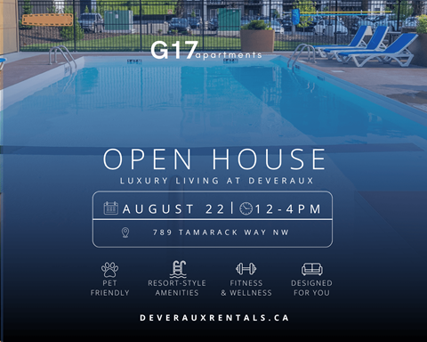 A pool with the text "G17 apartments" and "OPEN HOUSE" on a blue background.