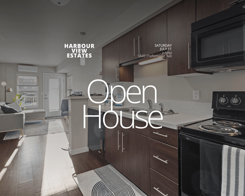 A kitchen with a stove and a microwave with the words "Open House" written on it.