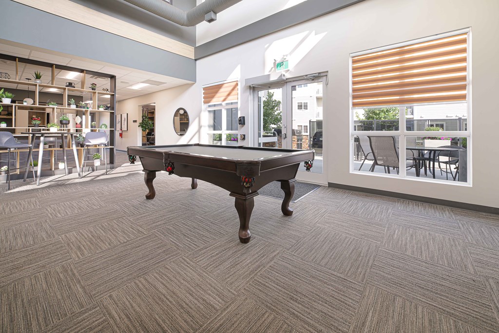 a pool table in a resident clubhouse with patio doors