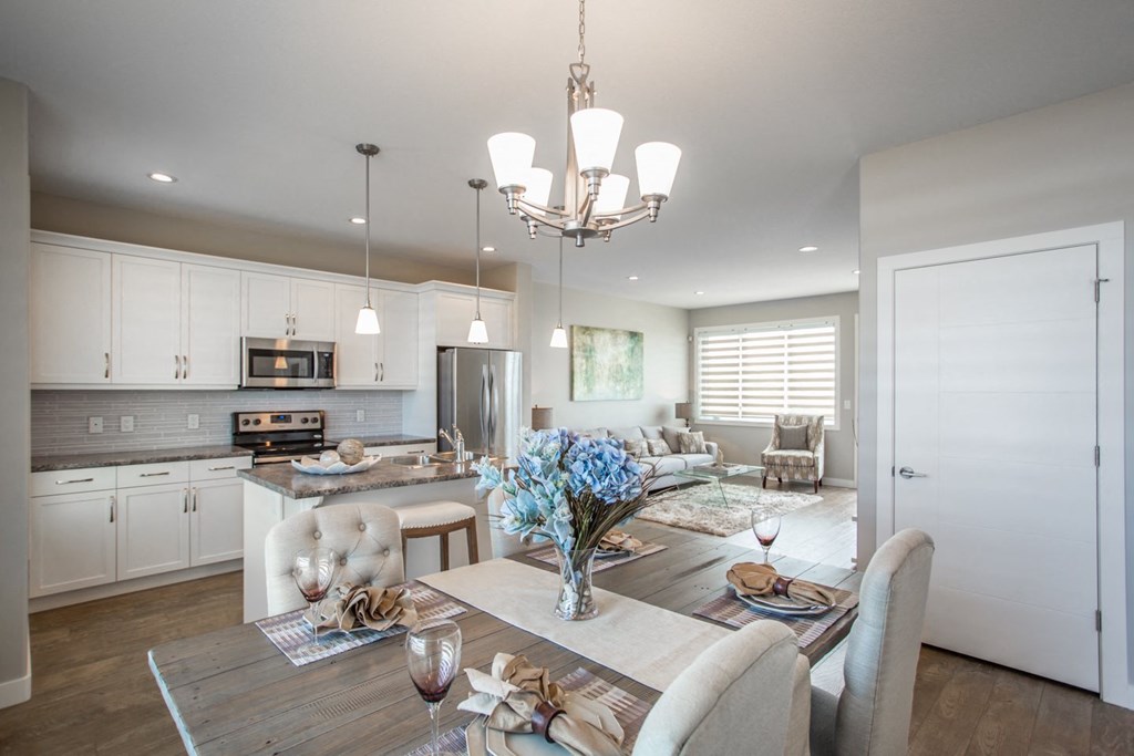 Interior - wide shot of kitchen and dining area.