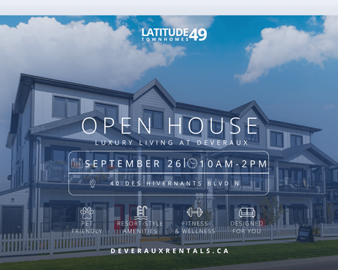 An advertisement for an open house event at Deveraux Townhomes on September 26th from 10am-2pm.