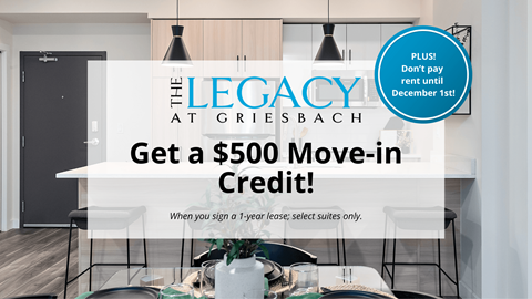 A promotional image for The Legacy at Grievesbach offering a $500 move-in credit for new tenants.