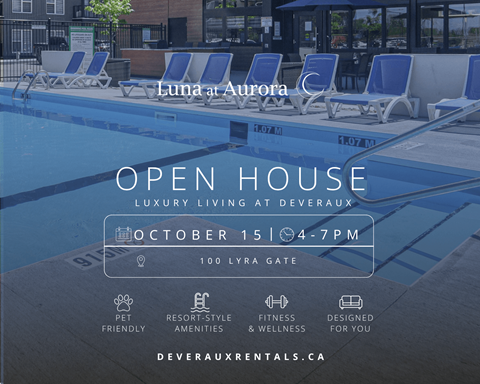 A poolside image advertising an open house at Luna at Aurora.