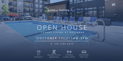 A poolside image advertising an open house at Luna at Aurora.