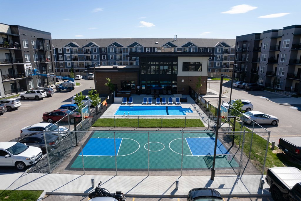 Aerial view of Luna's basketball court and swimming pool