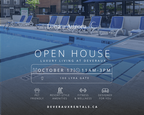 A poolside image advertising an open house at Deveraux with amenities like pet-friendly and fitness options.