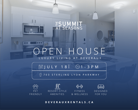 A promotional image for an open house at Deveraux, highlighting luxury living and pet-friendly amenities.