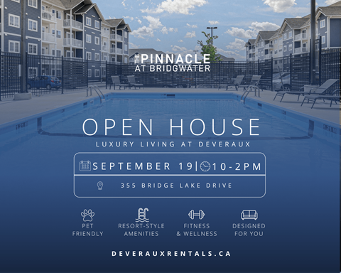 A poster advertises an open house for luxury living at Deveraux, featuring a swimming pool and amenities like pet-friendly and fitness options.