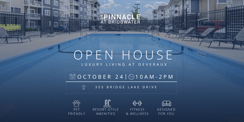 A blue swimming pool with the text "PINNACLE AT BRIDGEWATER OPEN HOUSE" on a promotional image.