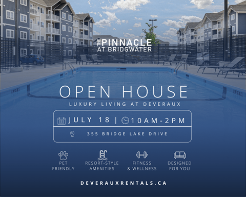 A poster advertises an open house for luxury living at Deveraux, featuring a swimming pool and amenities like pet-friendly and fitness options.