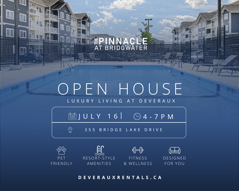 A poster advertises an open house for luxury living at Deveraux, featuring a pool and amenities.