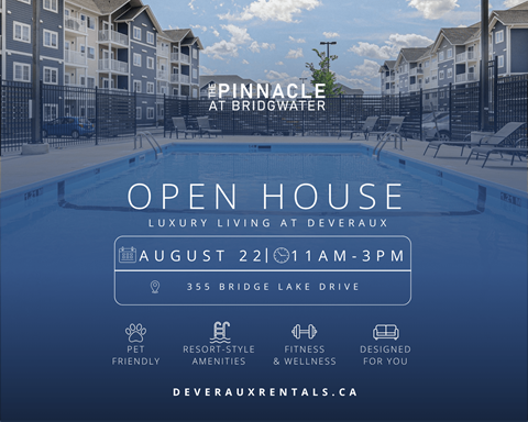 A poster advertises an open house for luxury living at Deveraux, featuring a pool and amenities like pet-friendly and fitness options.