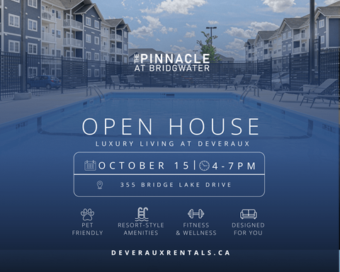 An advertisement for an open house at Pinnacle at Bridgwater, a luxury living community at Deveraux, on October 15th from 4-7 PM.