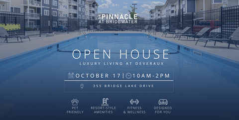 A promotional image for Pinnacle at Bridgewater, advertising an open house event on October 17 from 10 AM to 2 PM.