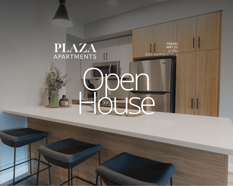 A modern kitchen with Plaza Apartments sign and Open House text.