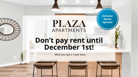 A promotional image for Plaza Apartments offering a rent-free period for new tenants.