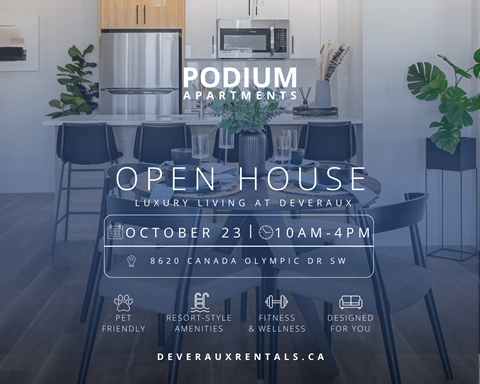 An advertisement for Podium Apartments showcasing an open house event.