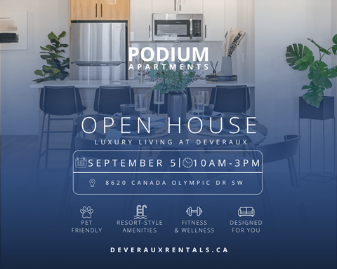 An advertisement for Podium Apartments showcasing an open house event.