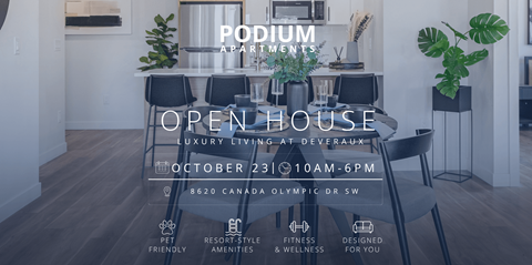 An open house event for Podium Apartments is scheduled for October 23rd from 10 AM to 6 PM.