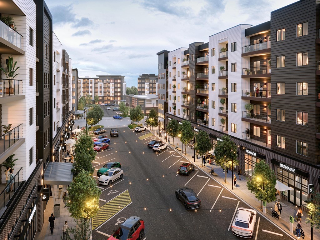 a rendering of a city street with apartments and cars on it