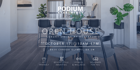 An open house event for Podium Apartments is scheduled for October 17th from 10 AM to 6 PM.