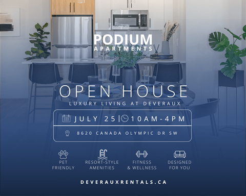 An advertisement for Podium Apartments showcasing an open house event.