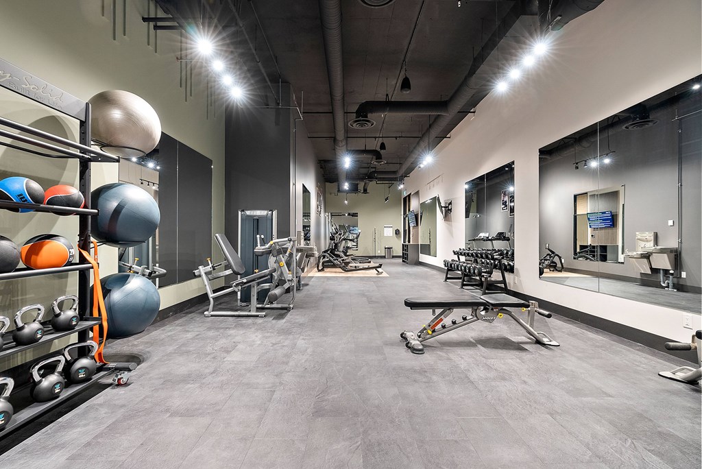 A gym with a variety of equipment including weights and a bench press.at Raymond Block, Edmonton Alberta T6E 3R7