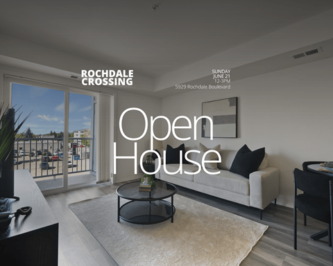 A living room with a sofa and a coffee table is advertised as an open house.