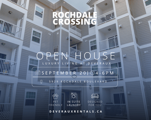 An advertisement for Rochdale Crossing apartments, highlighting an open house event.