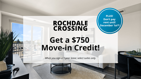 A room with a large window and a view of the city, advertising a $750 move-in credit for a 1-year lease at Rochdale Crossing.