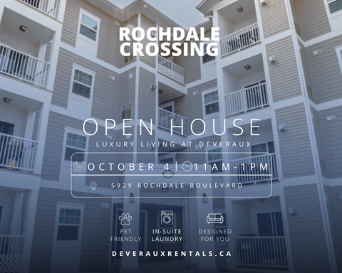 An advertisement for Rochdale Crossing apartments, featuring a photo of the building and details about an open house event.