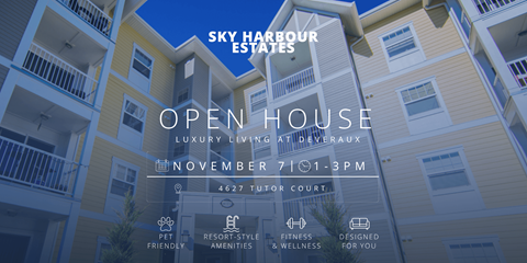 A Sky Harbour Estates open house event is advertised for November 7th from 1-3 PM at 4627 Tutor Court.