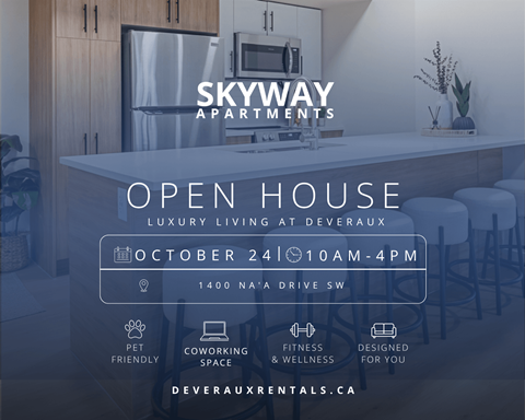 An advertisement for Skyway Apartments showcasing their open house event.
